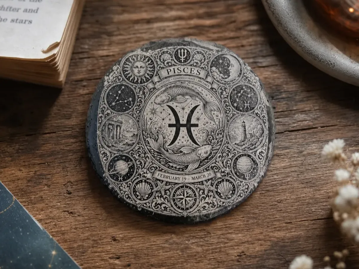 [Laser cut and engrave] Pisces Zodiac Sign Circular Stone Coaster with Intricate Astrological Artwork