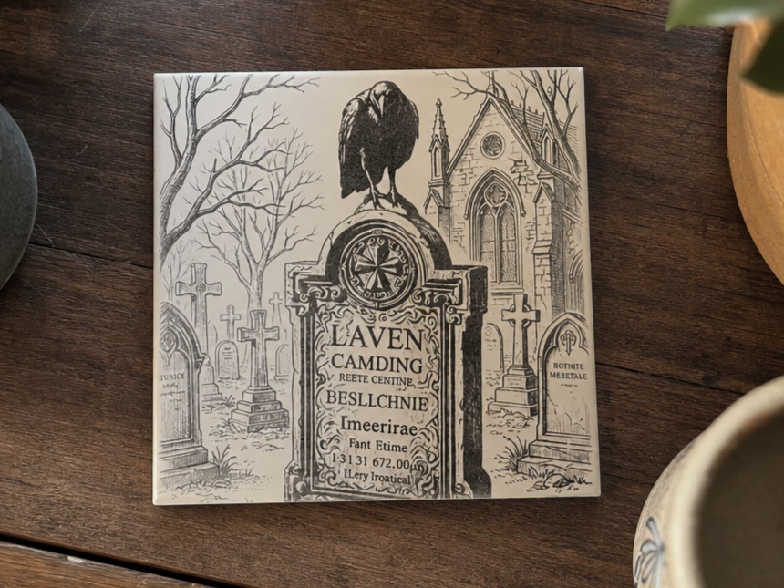 Ceramic Tile Featuring Gothic Graveyard Scene with Raven and Tombstone