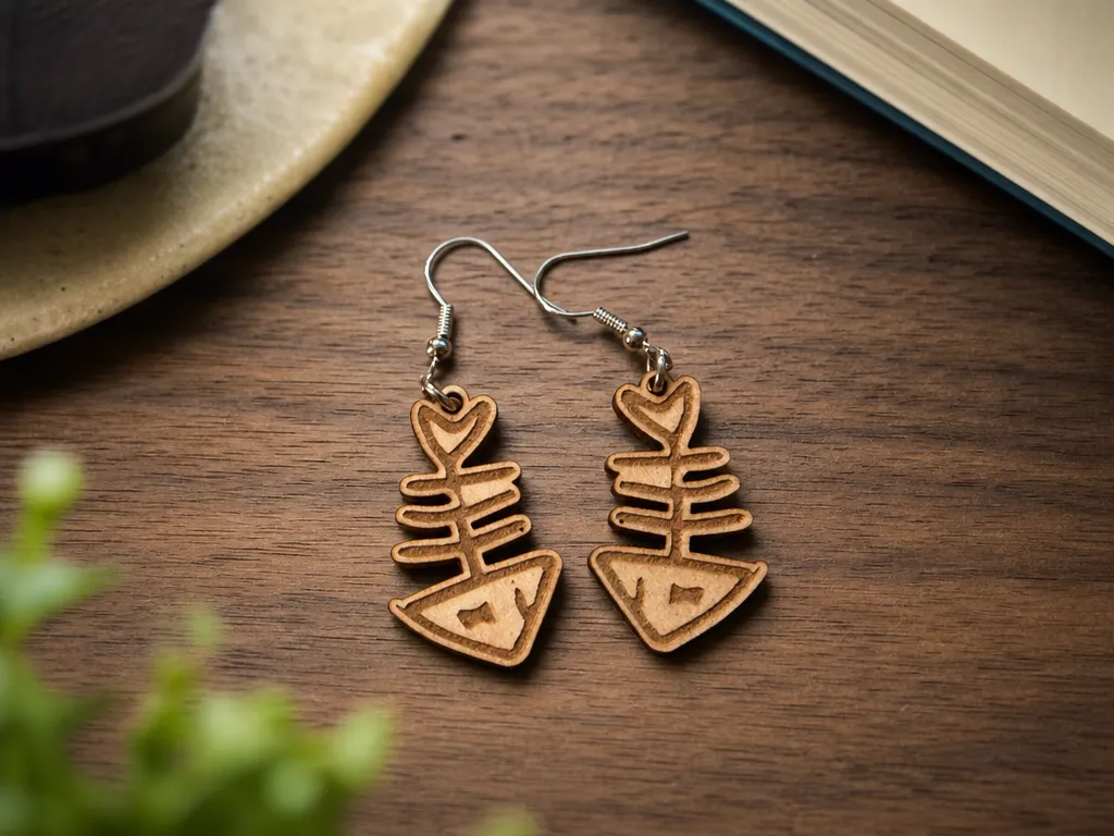 Ohrringe mit Fischgräten Motiv aus Holz