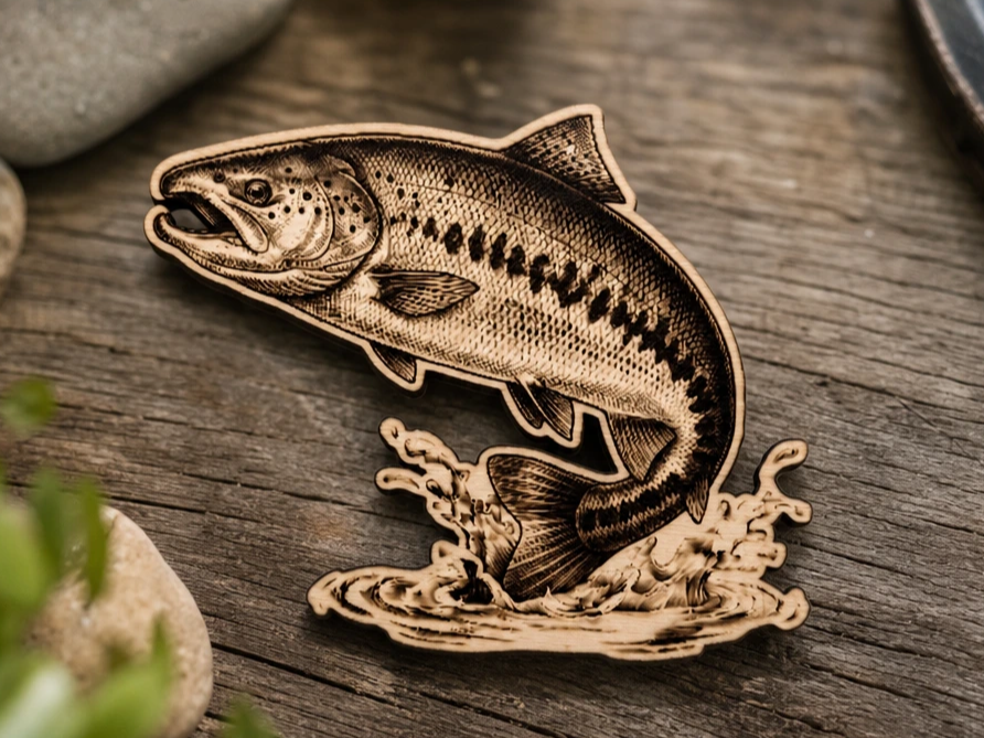 躍起鮭魚木製壁飾