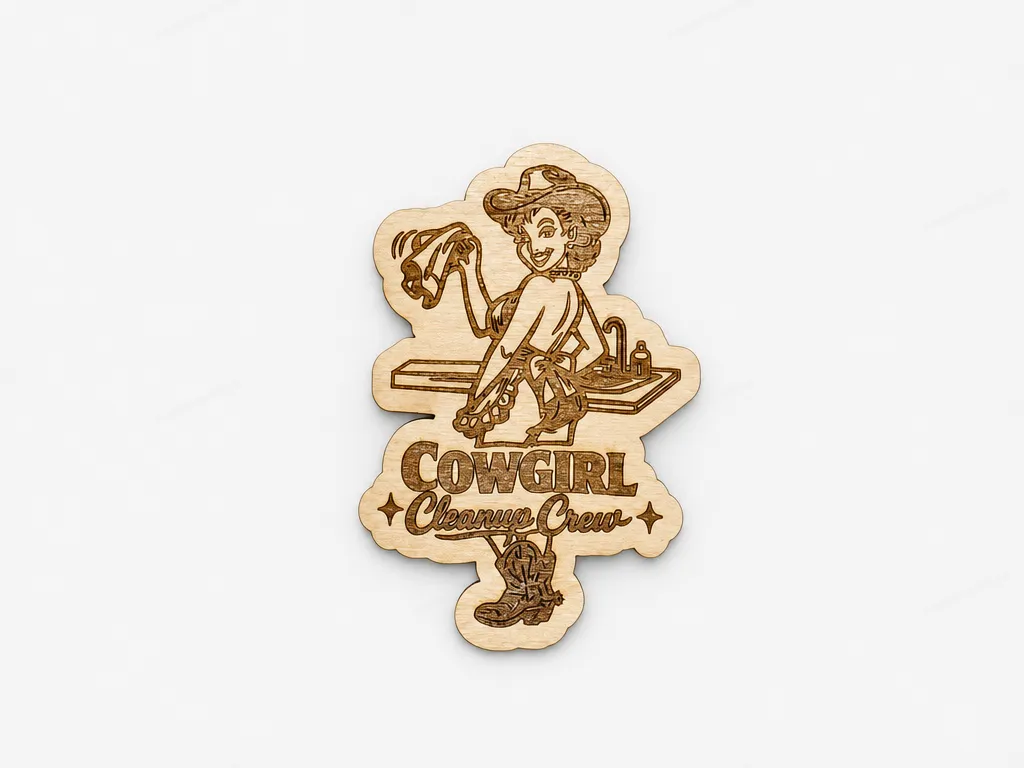 Cowgirl Cleanup Crew Wooden magnet with Pin-up Illustration