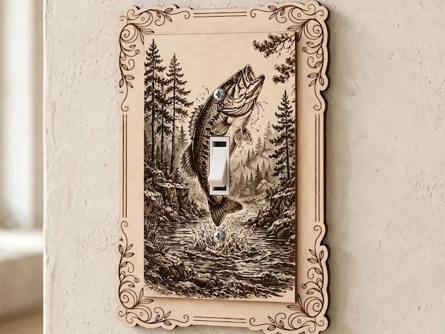 Bass Fish Light Switch Cover SVG - Fishing Cabin Switch Plate Laser File - Jumping Largemouth Bass Engraved Wood Cover - 3mm Plywood Laser Cut File