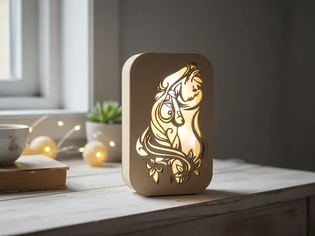 Illuminated Wooden Table Lamp with Floral Silhouette Cutout