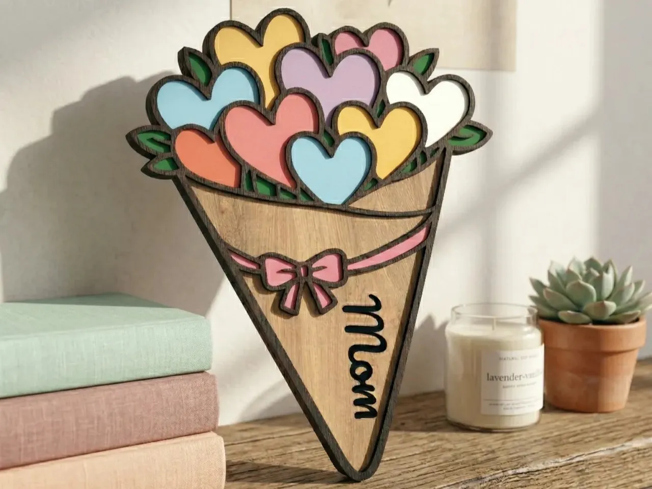 [Laser cut and engrave] Mom Heart Bouquet Tabletop Sign