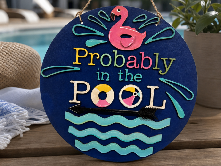 "Probably in the Pool" Round Hanging Sign