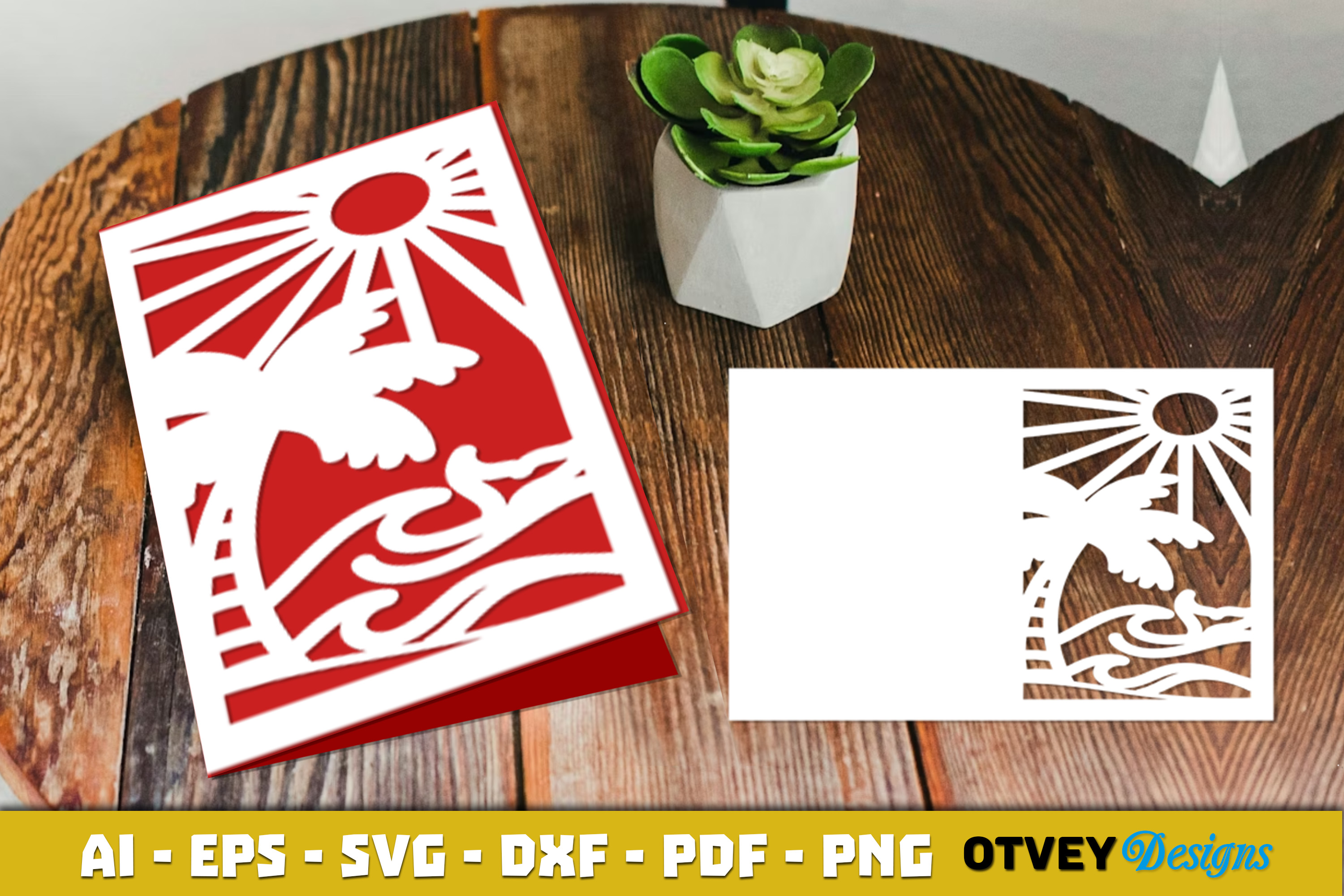 [Laser cut and engrave] Tropical beach scene greeting card with palm tree and sun motif