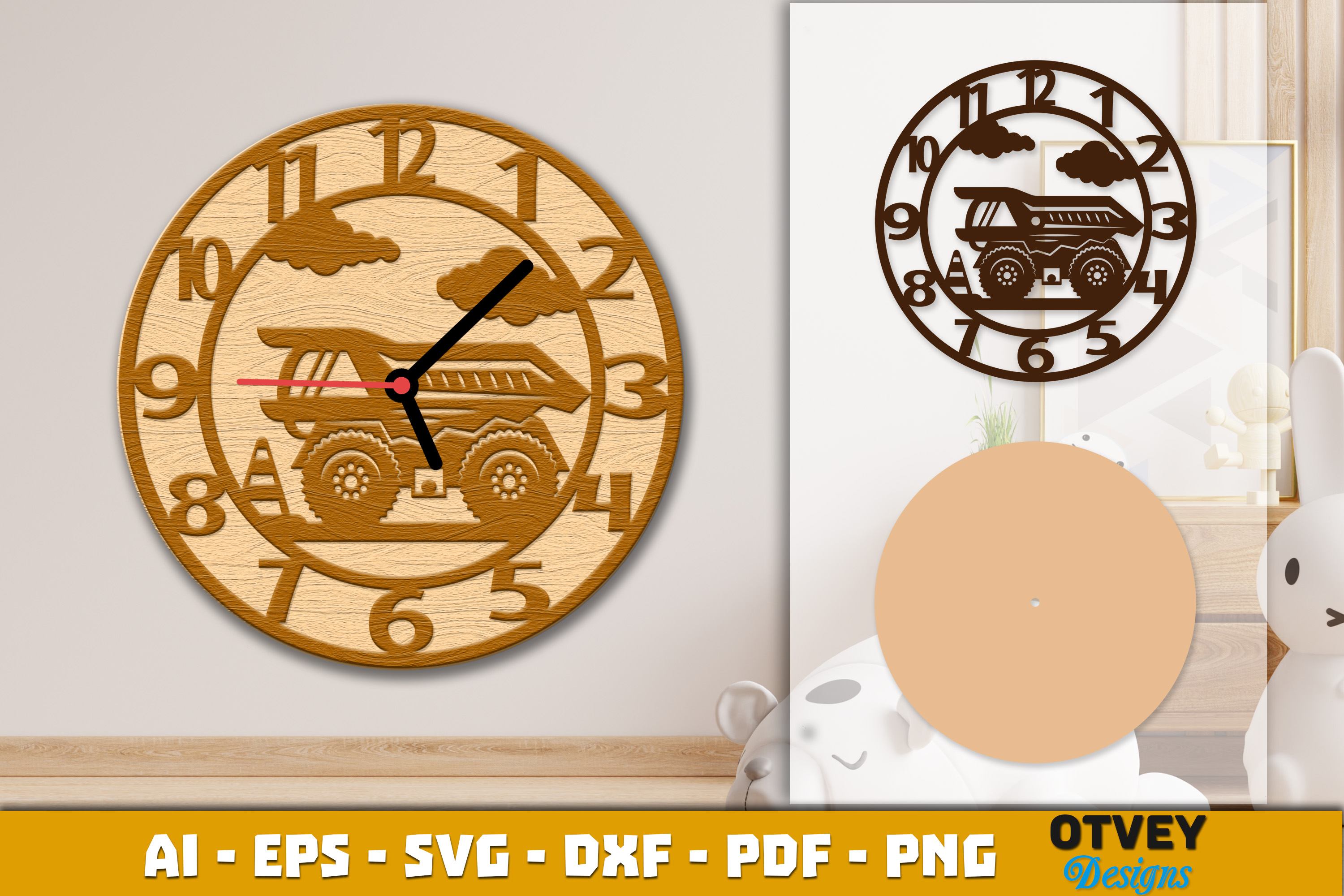 [Laser cut and engrave] Wooden Construction Wall Clock Lasercut 12 Designs