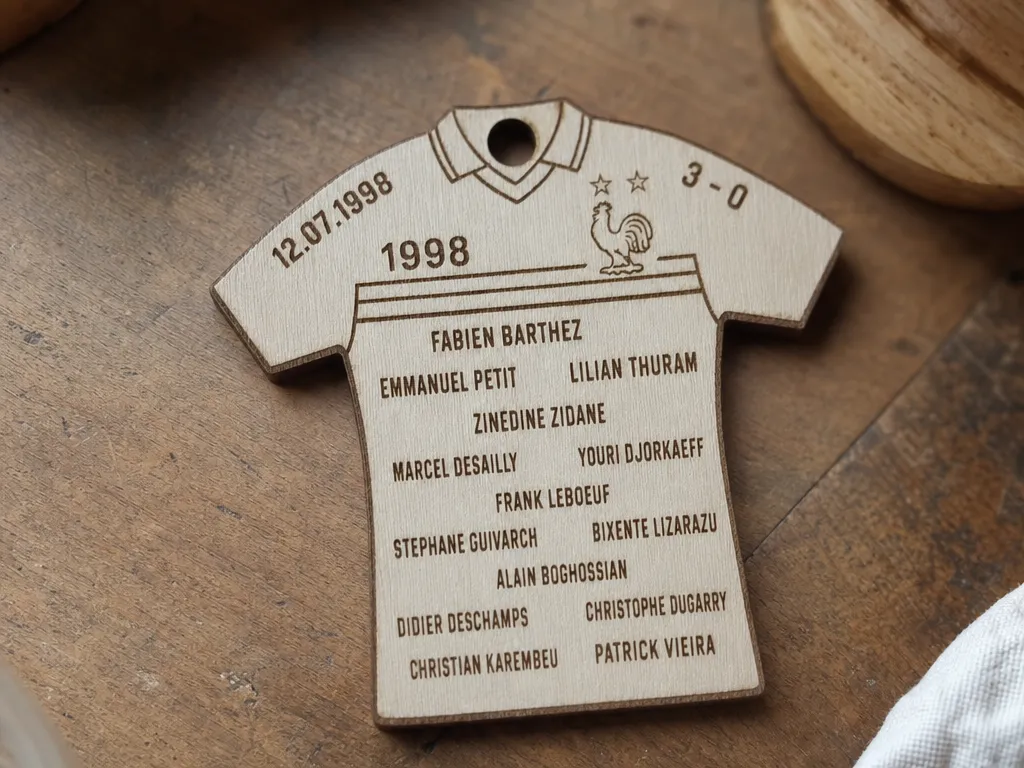 Ornement en bois maillot de l'équipe de France de football 1998