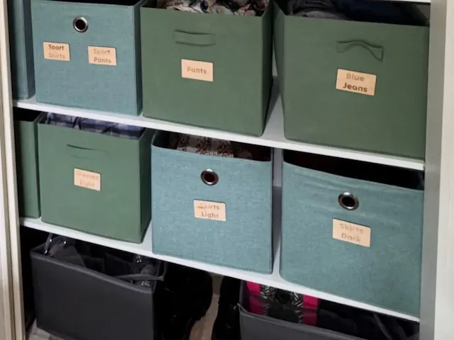 Fabric Closet Storage Bins with Labeled Wooden Tags