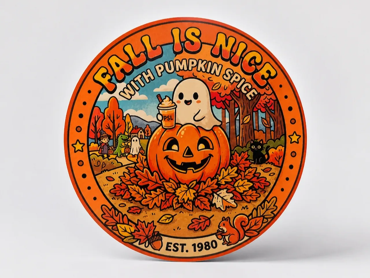 [DTF Printing,DTG,UV printing] Fall Is Nice With Pumpkin Spice Round Sign Featuring Ghost and Jack-o'-lantern