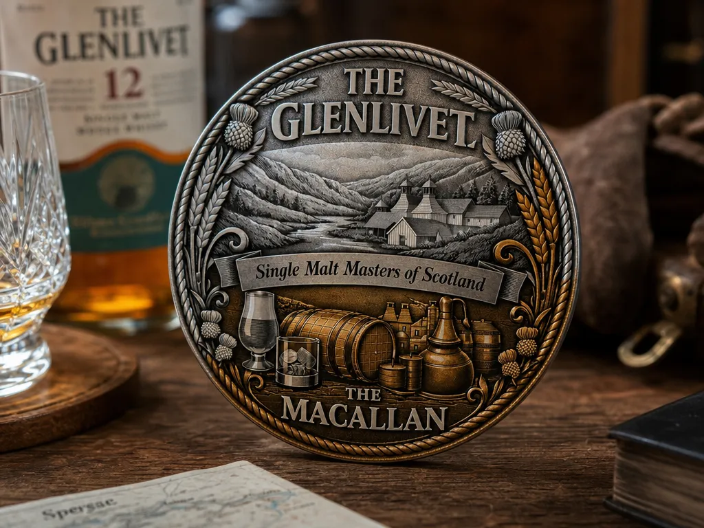 The Glenlivet and The Macallan embossed metal distillery coaster or coin