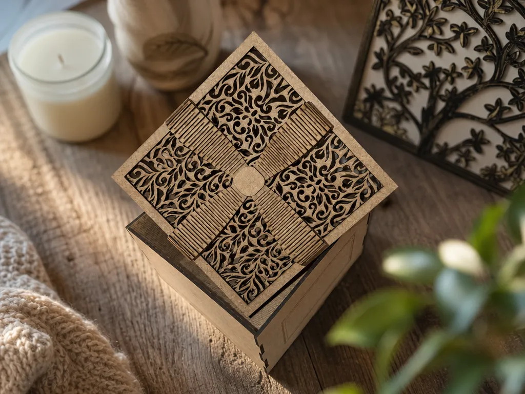 Square Wooden Keepsake Box with Intricate Filigree Lid