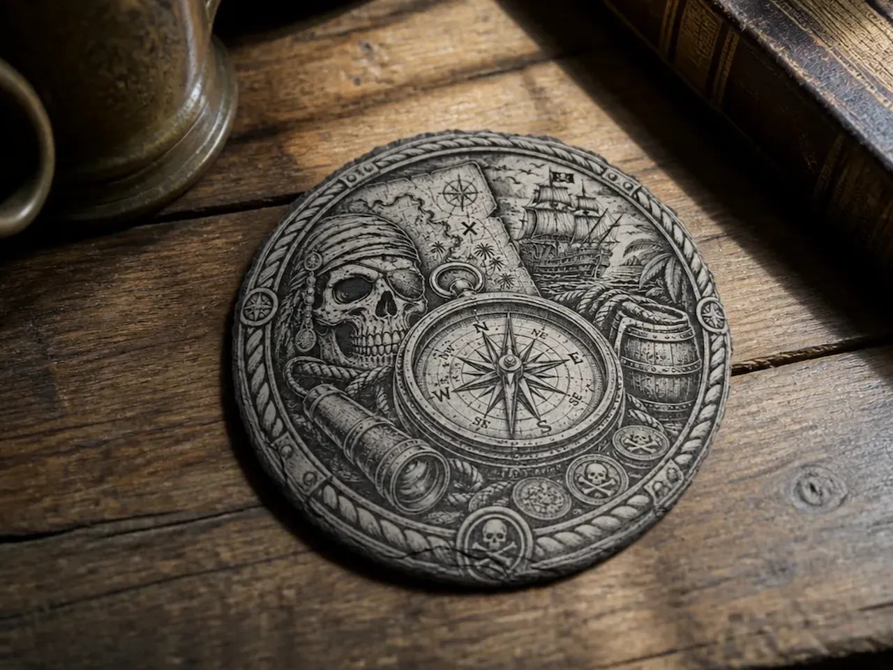 [Laser cut and engrave] Runder Untersetzer mit Piraten Totenkopf Kompass und Schatzkarten Motiv