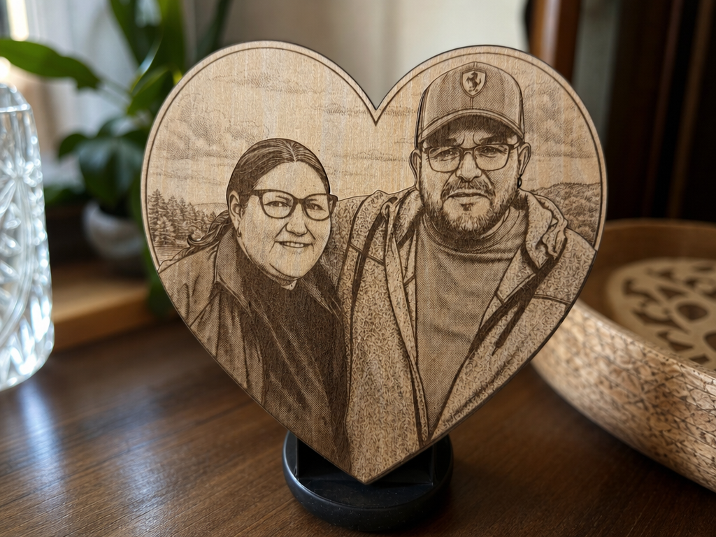 Heart-Shaped Wooden Portrait Plaque of a Couple