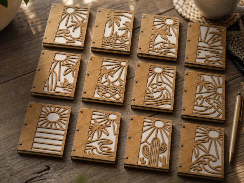 Wooden Notebooks with Tropical Beach and Desert Sunset Cutout Covers
