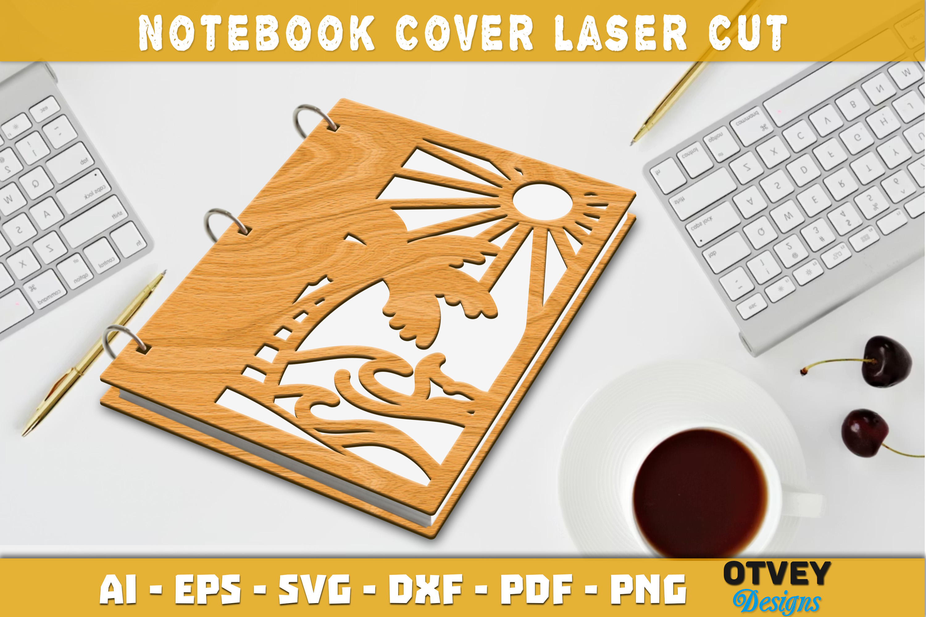 [Laser cut and engrave] Wooden Notebook with Tropical Beach and Sun Cutout Cover