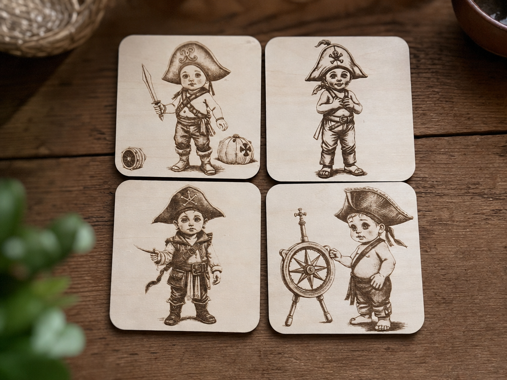 Set of Four Wooden Coasters Featuring Pirate Children Illustrations