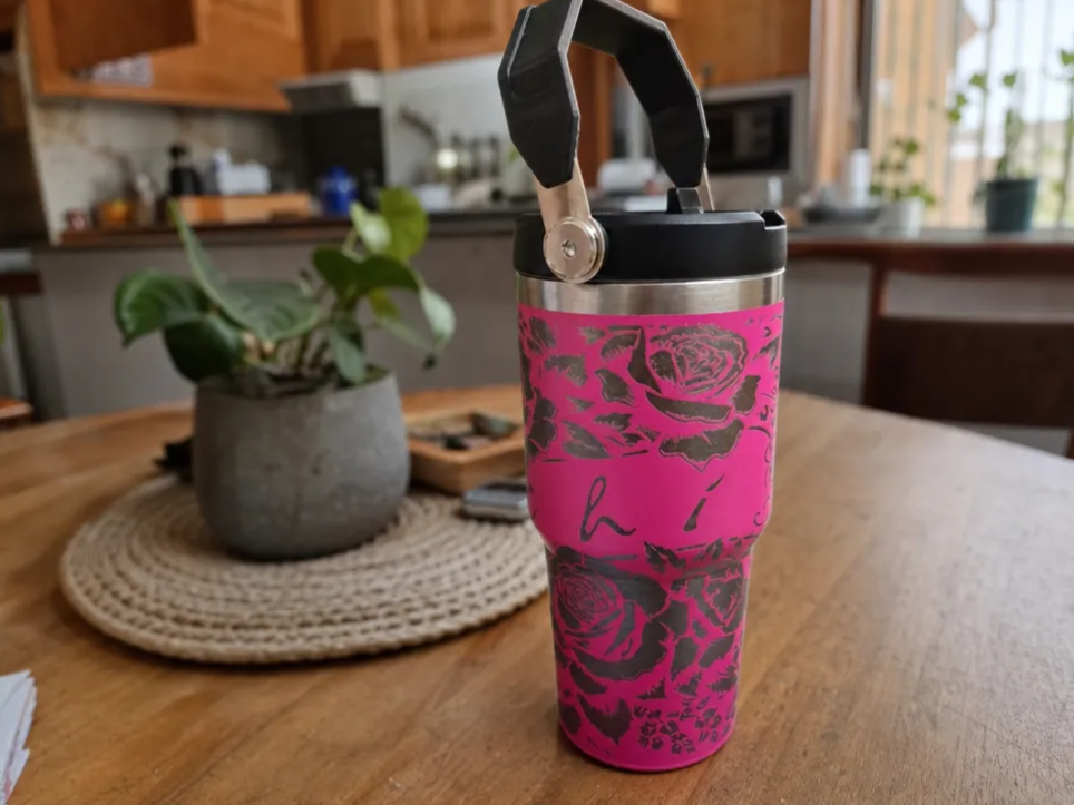 Pink Insulated Travel Tumbler with Floral Rose Pattern
