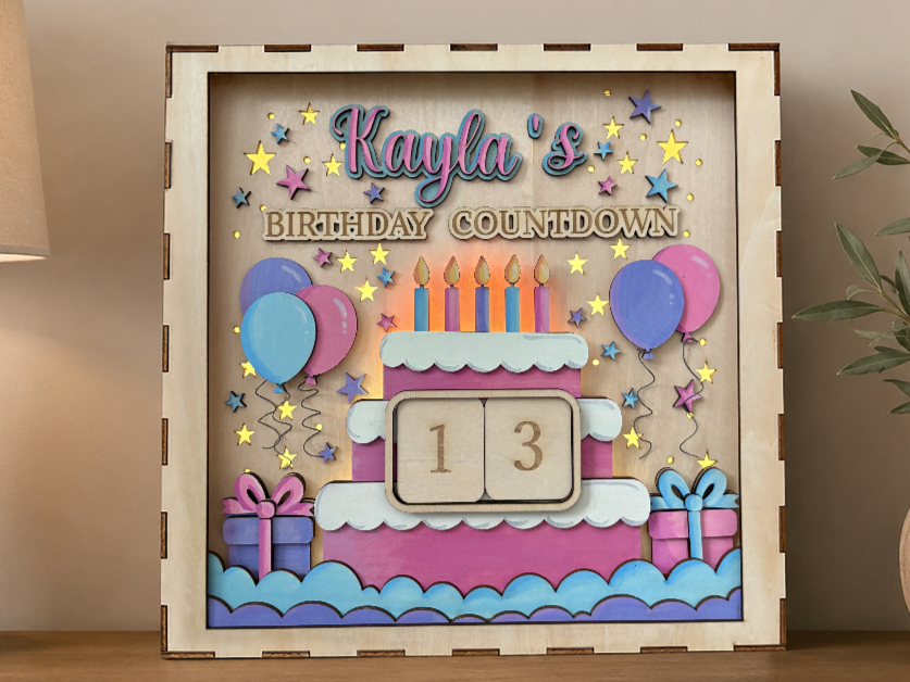 Personalized Birthday Countdown Calendar with Light Up Cake and Balloon Motif