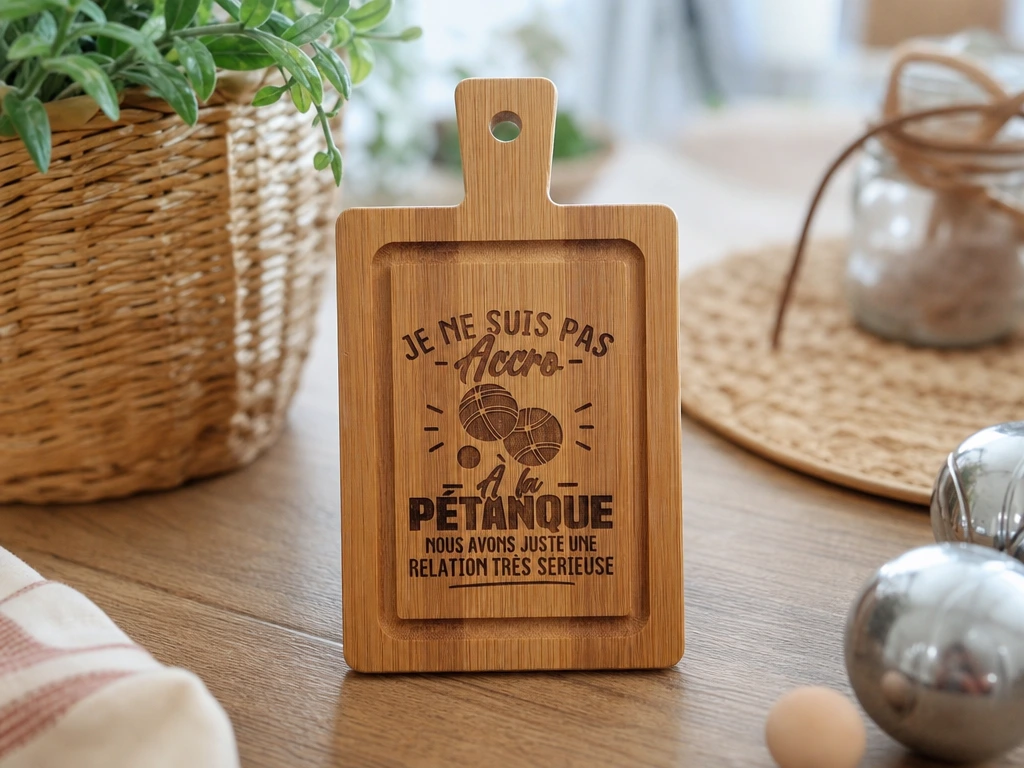 Planche à découper en bois avec motif pétanque