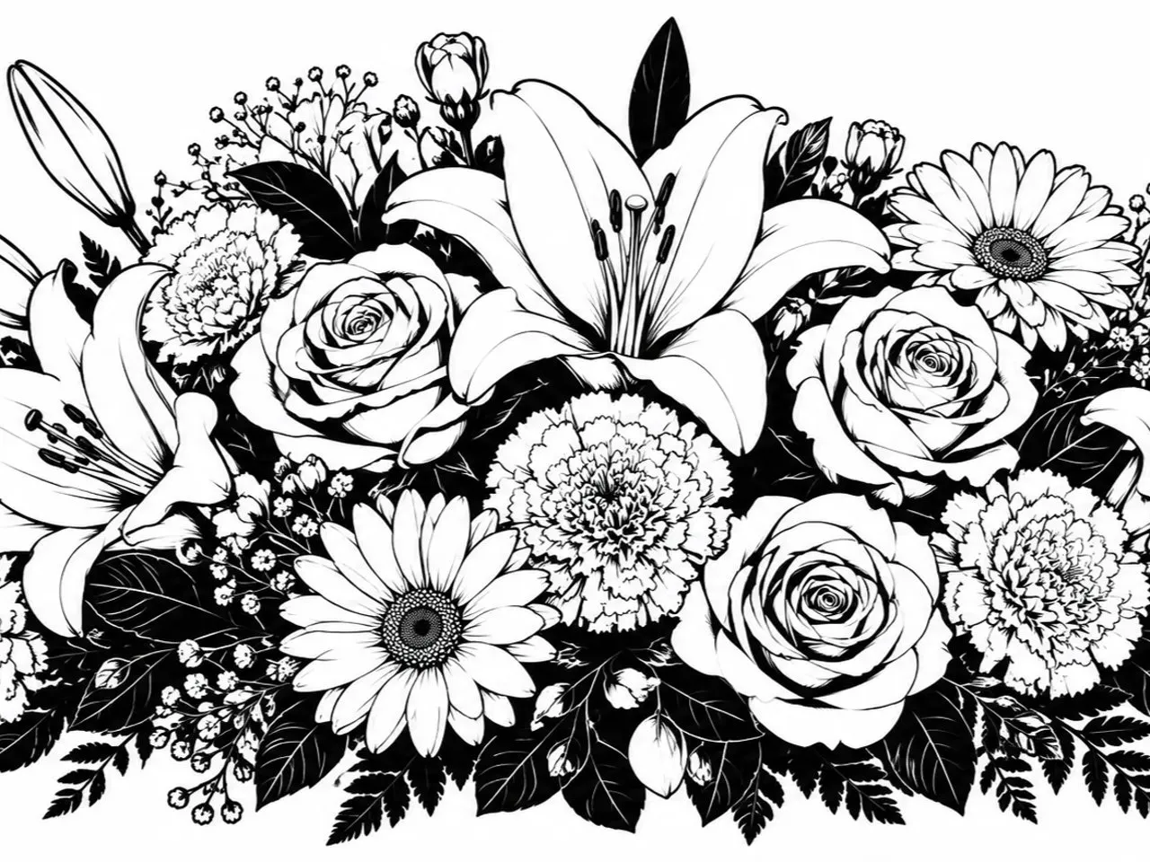 [Laser cut and engrave] 25-004 - Elegant Floral Bouquet | Black & White Line Art Wrap for Laser Engraving