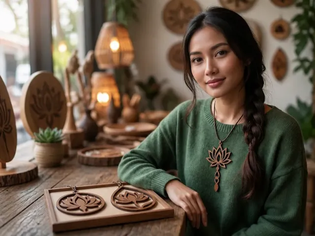 Kalung liontin kayu motif bunga teratai
