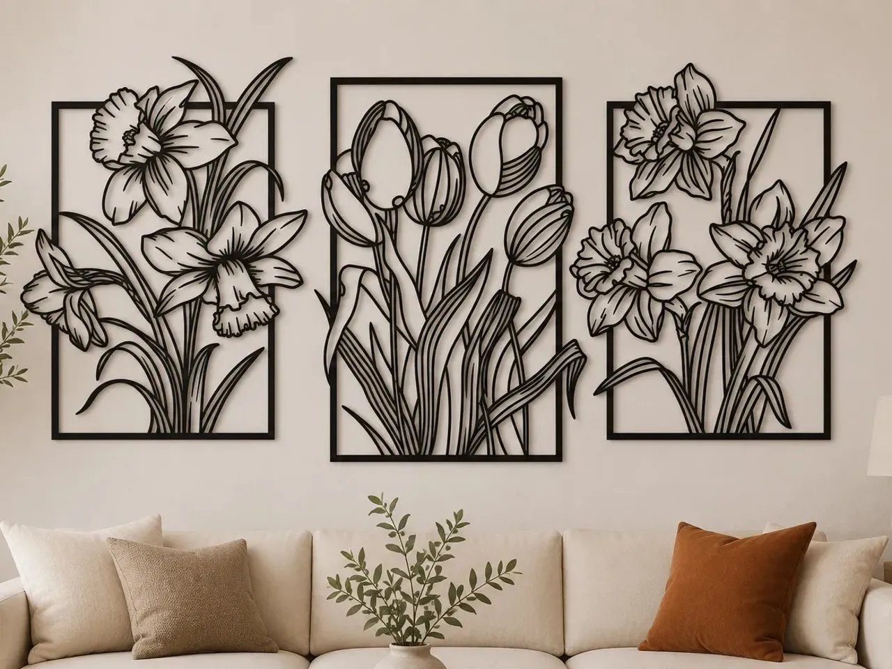 [Laser cut and engrave] Three Piece Floral Wall Art Set Featuring Daffodils and Tulips