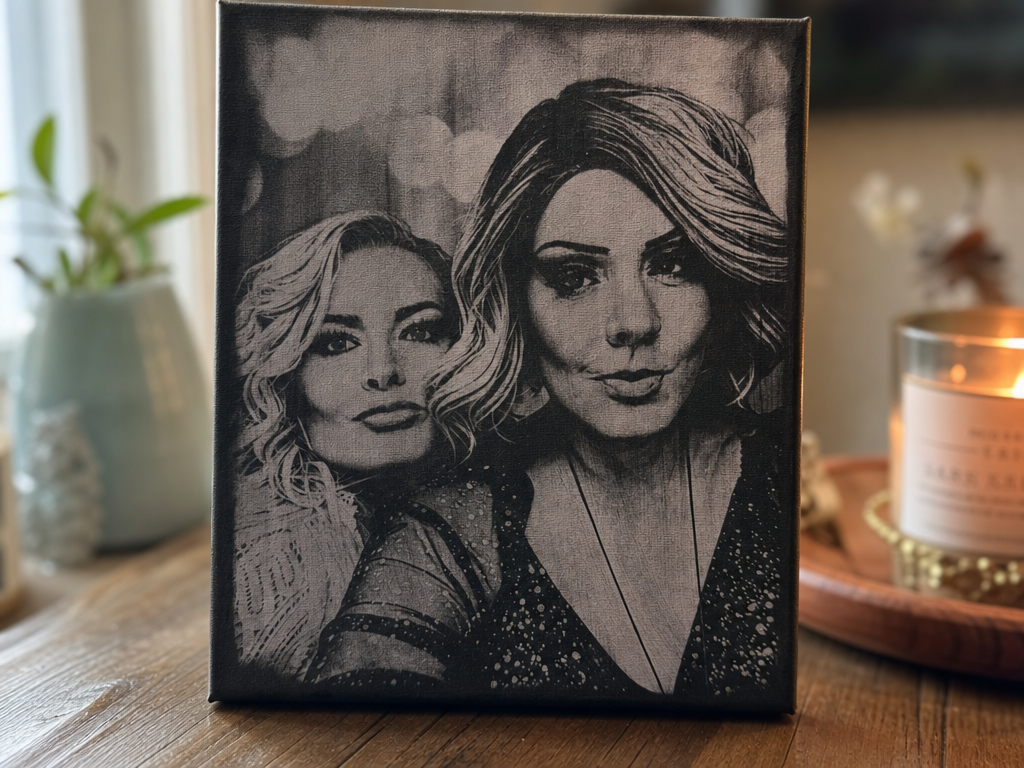 Black and white portrait canvas engraved of me and my friend