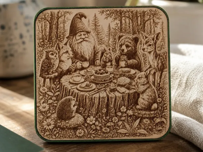 Suspension murale "Goûter dans la forêt" avec un gnome et des animaux