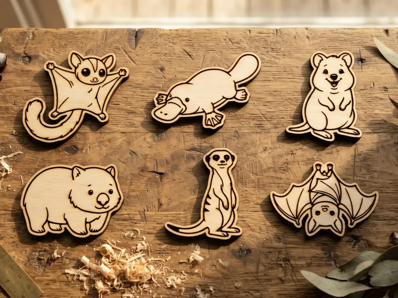 [Laser cut and engrave] Set of Australian Animal Wooden Cutouts Featuring Sugar Glider Platypus Quokka Wombat Meerkat and Bat