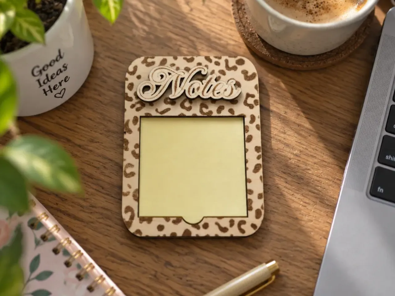 [Laser cut and engrave] Leopard Print Sticky Note Holder with Notes Script