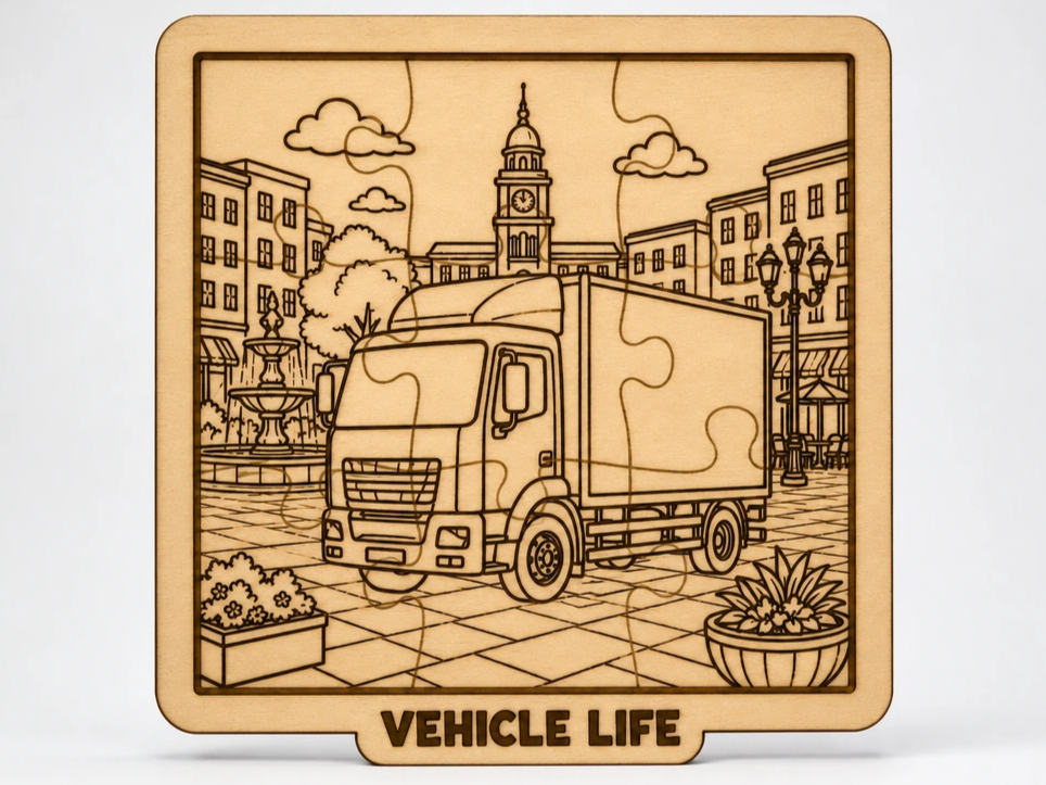 Delivery Truck Puzzle SVG & XCS for Laser Cutting | City Cargo Vehicle Wooden Puzzle | Educational Kids Activity | DIY Craft File