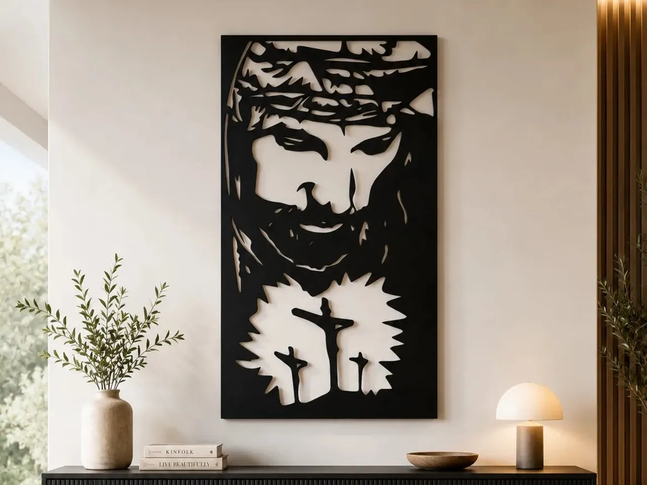 [Laser cut and engrave] Jesus Christ with Crown of Thorns and Calvary Crosses Wall Art