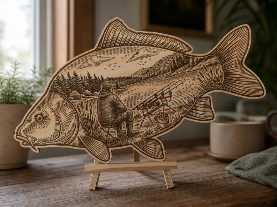 Décoration murale en bois représentant une carpe avec scène de pêche