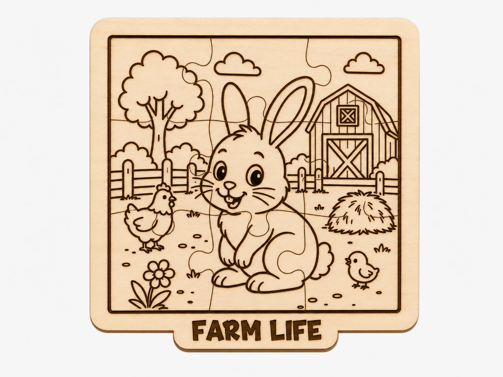 Adorable Bunny Farm Puzzle | Wooden Educational Jigsaw for Children | Montessori Inspired DIY Craft | Laser Engraved Rabbit Activity