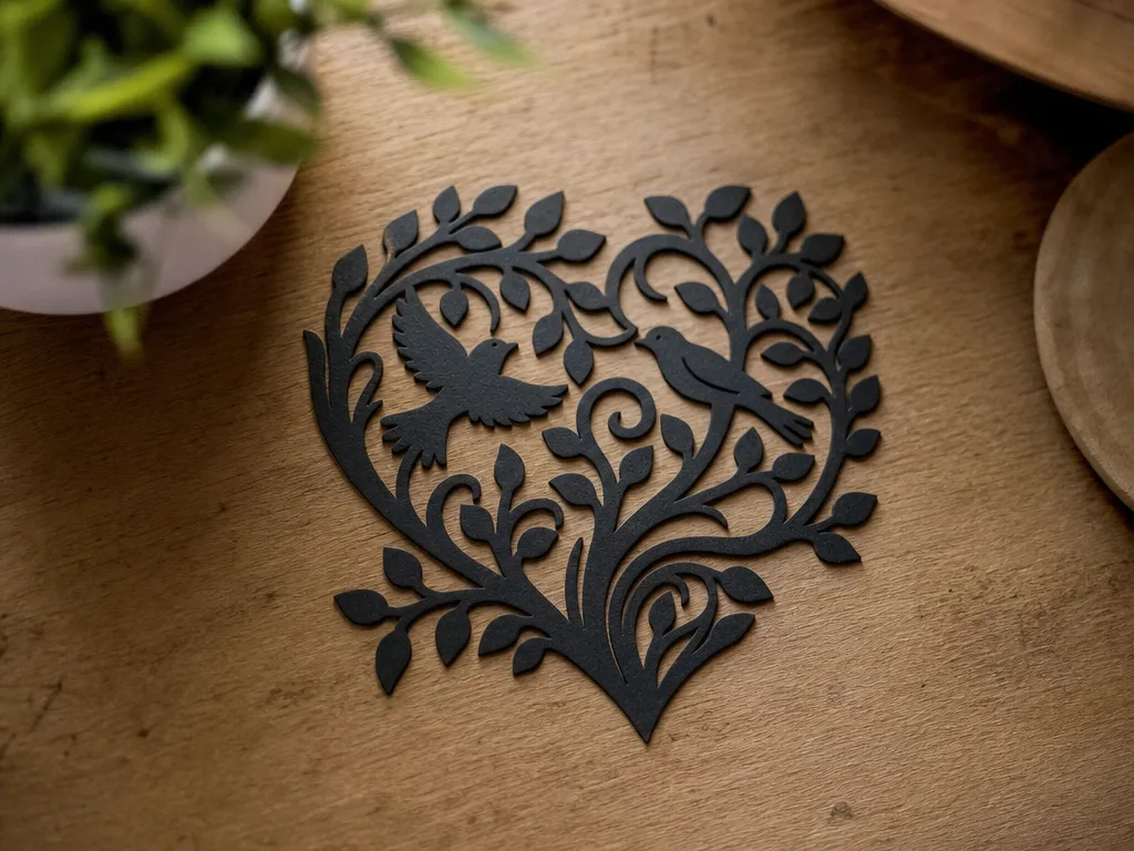 Black Heart Shaped Wall Art Featuring Birds and Tree Branches