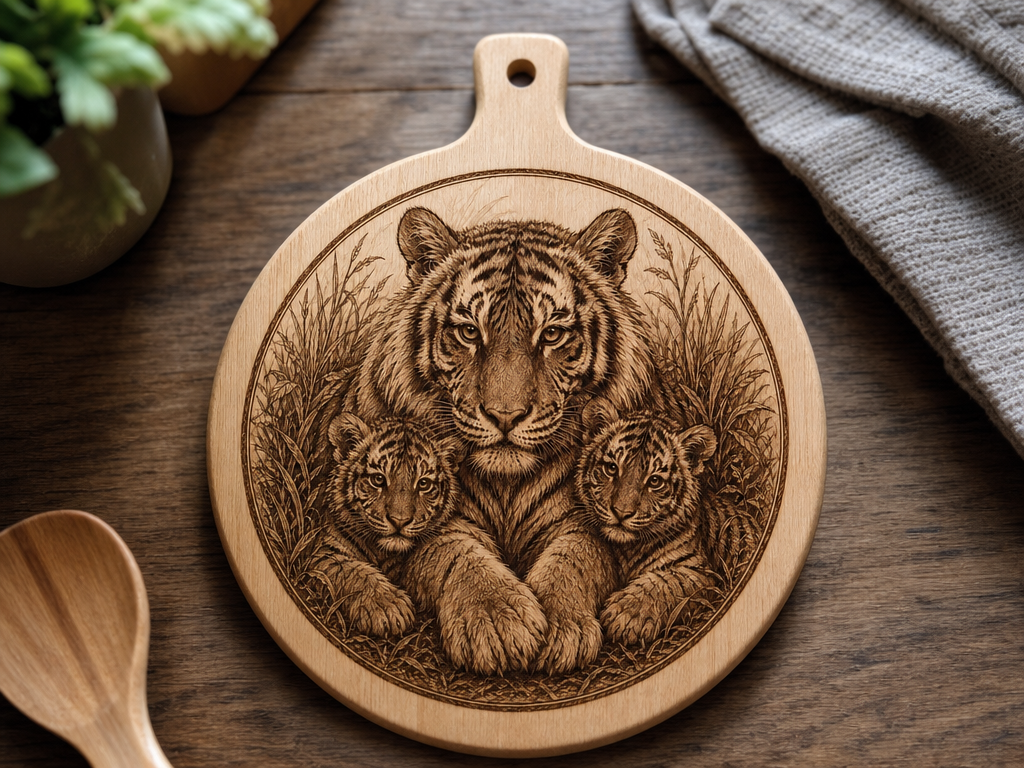 Round Wooden Serving Board Featuring Tiger Mother and Cubs Illustration