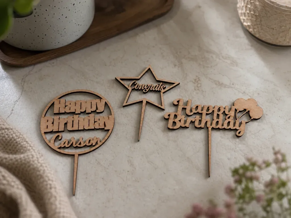 Wooden happy birthday toppers 3 pcs