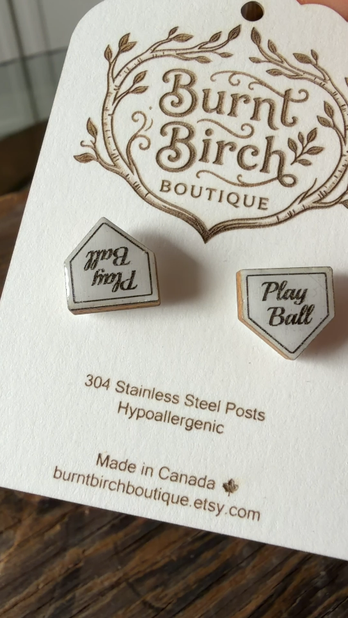 [Laser cut and engrave] Play Ball Baseball Home Plate Stud Earrings