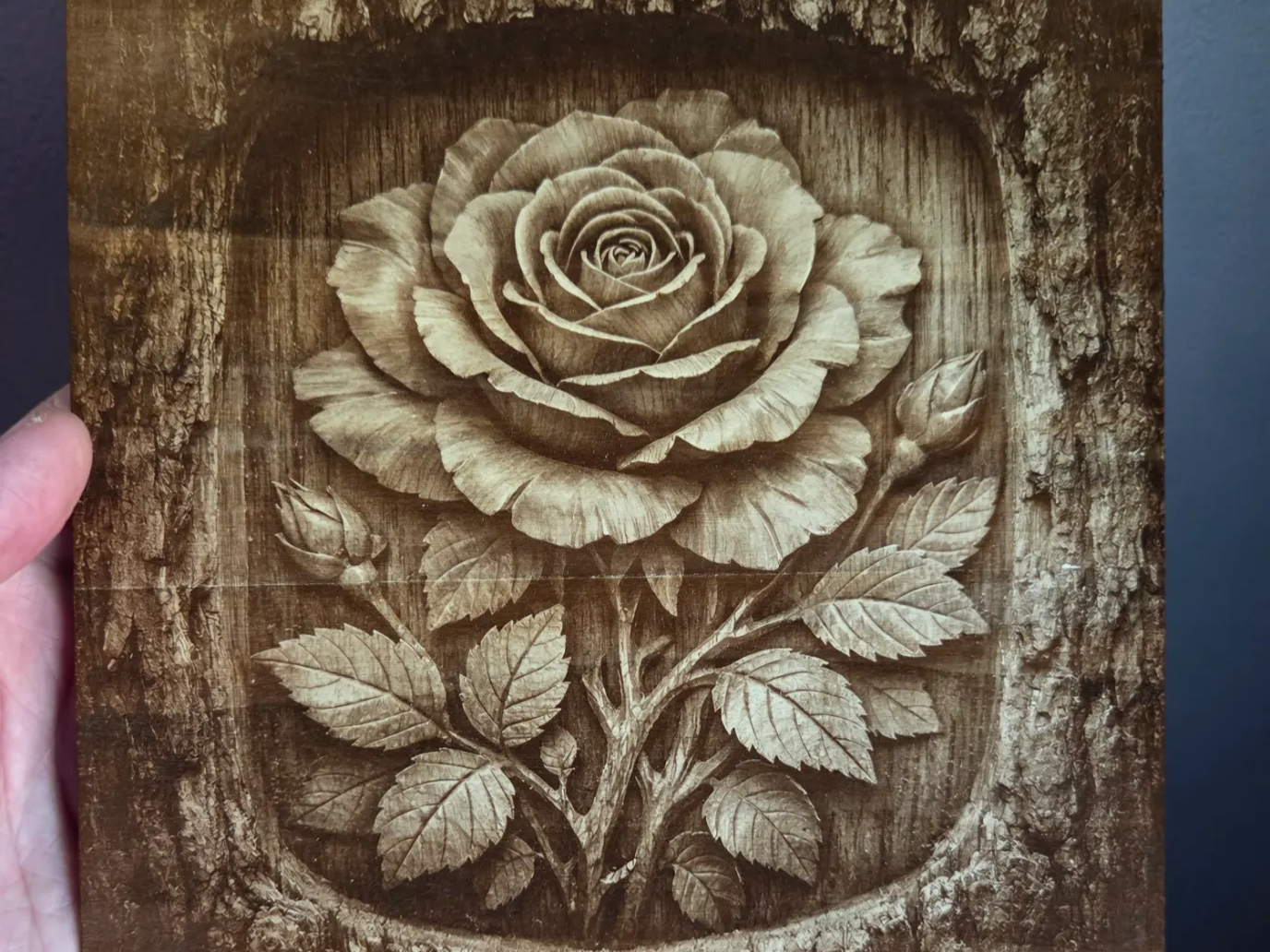 Rose flower wall art plaque with rustic bark border