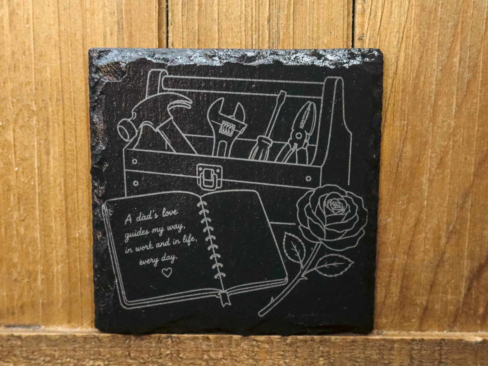 🛠️ A Dad’s Love Memorial Slate Coaster Featuring Toolbox and Rose with Fatherhood Quote