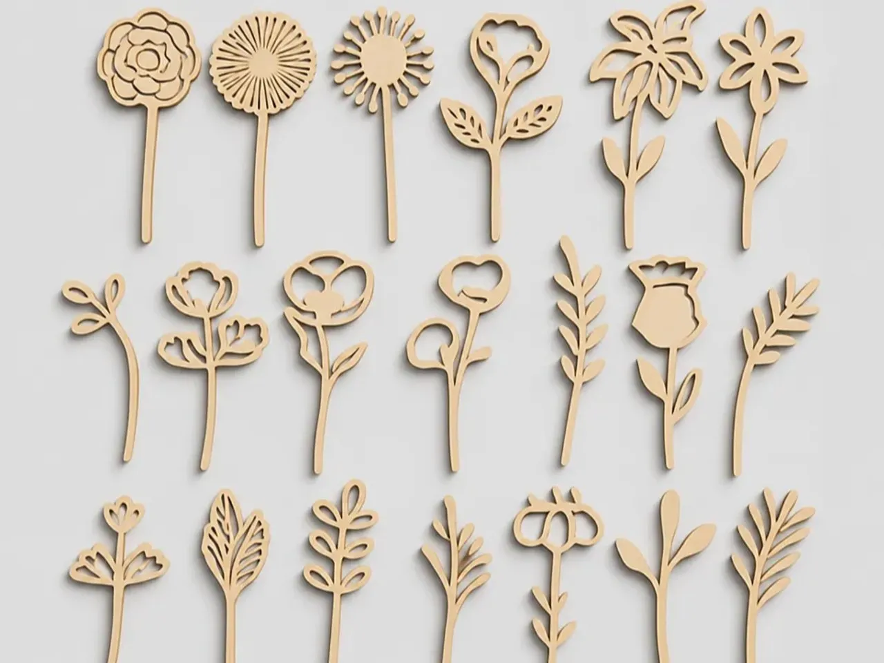[Laser cut and engrave] Set of Assorted Wooden Flower and Leaf Silhouettes