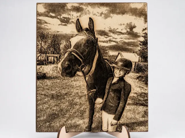 Equestrian Portrait of a Child and Horse on Wooden Plaque