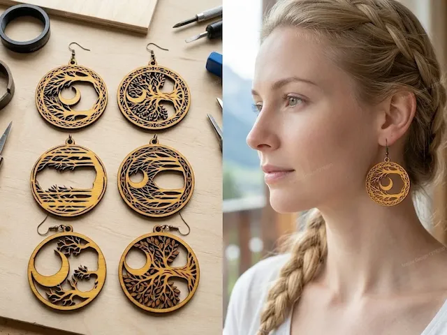 Tree of Life and Crescent Moon Circular Wooden Dangle Earrings