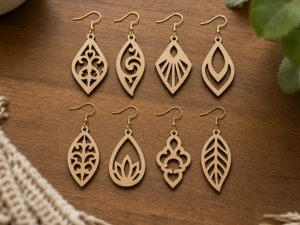 Set of Geometric Cutout Wooden Dangle Earrings