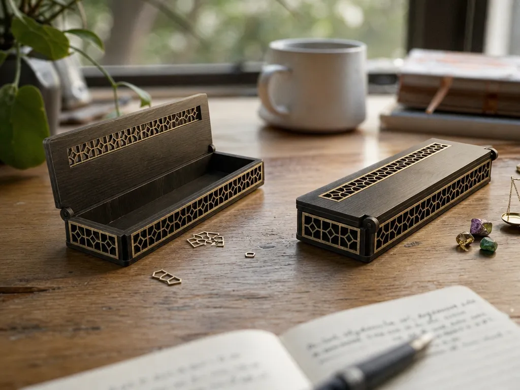 Boîte à stylos rectangulaire en bois avec motifs géométriques ajourés