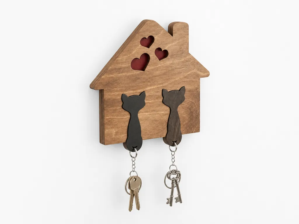 Porte-clés mural en bois en forme de maison avec silhouettes de chats