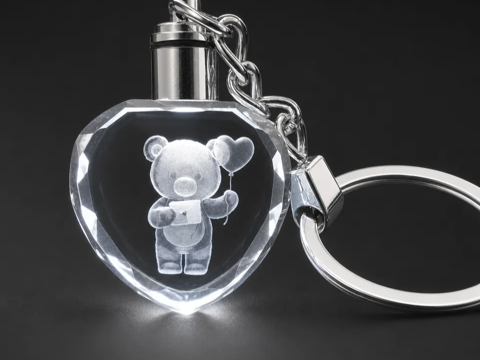 Herzförmiger Schlüsselanhänger aus Glas mit 3D Teddybär-Motiv