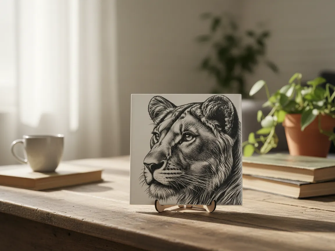 Square Ceramic Tile Featuring Detailed Lioness Portrait Illustration