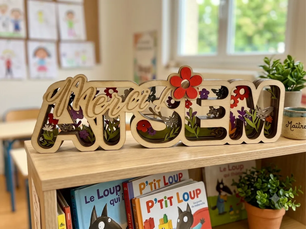 Panneau décoratif en bois Merci Atsem avec motifs floraux
